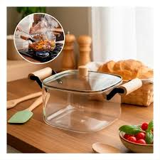 OLLA DE VIDRIO CUADRADA DOBLE ASA DE MADERA 5.0L
