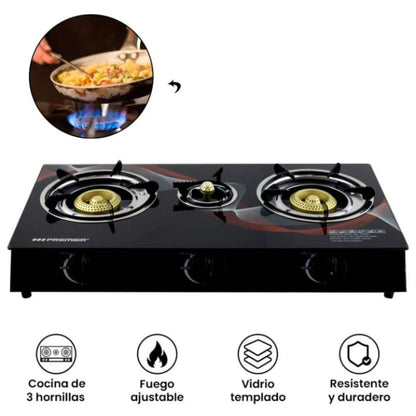 COCINA A GAS DE 3 HORNILLAS CON VIDRIO TEMPLADO