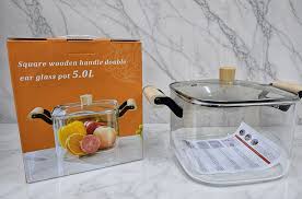 OLLA DE VIDRIO CUADRADA DOBLE ASA DE MADERA 5.0L