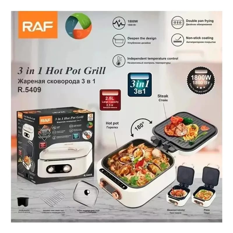 OLLA ,SARTEN Y PARRILLA ELECTRICA 3 EN 1 RAF R.5409 DE 1800W