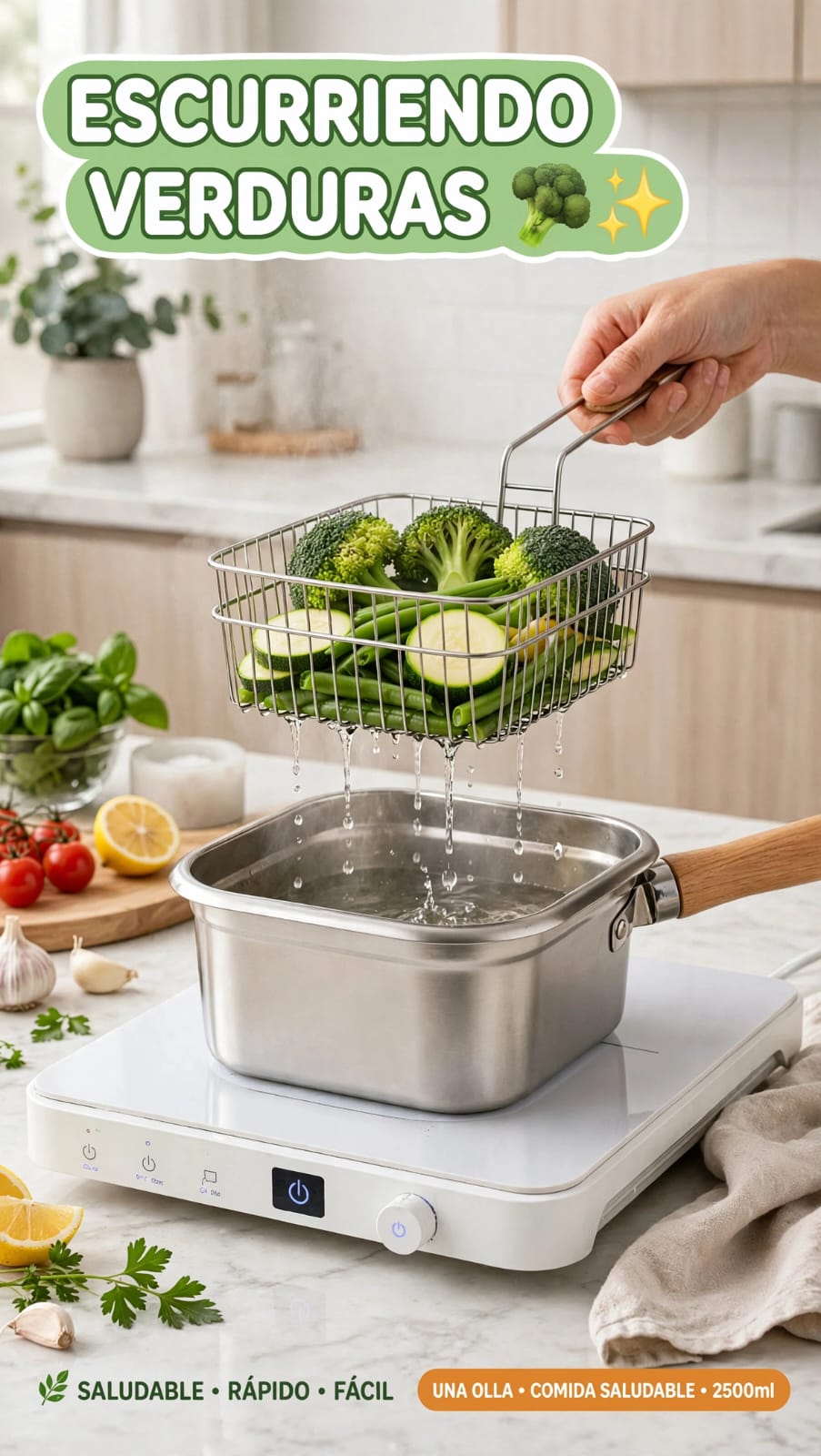 Olla freidora escurriendo verduras