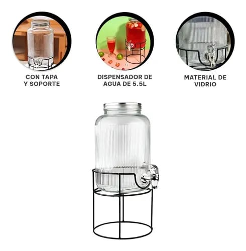 Dispensador de agua borosilicato 5.5L con base metálica y tapa hermética