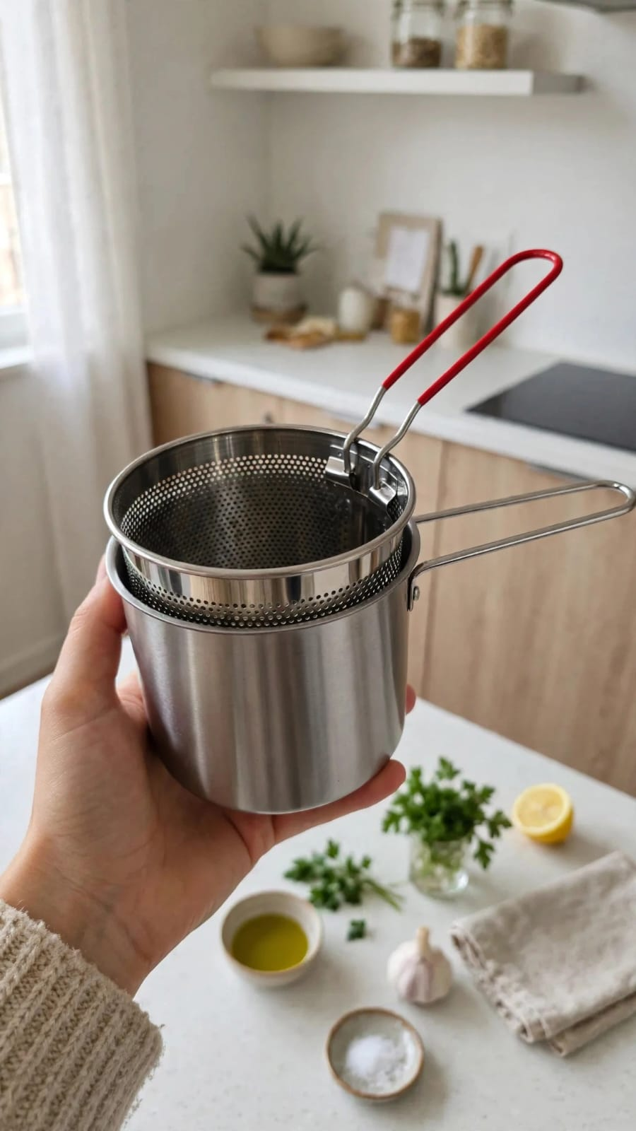 Ollita freidora con cesta coladora y asa roja en cocina moderna
