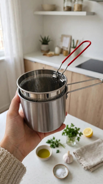 Ollita freidora con cesta coladora y asa roja en cocina moderna