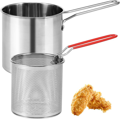 Ollita freidora de acero inoxidable con cesta perforada y pollo frito