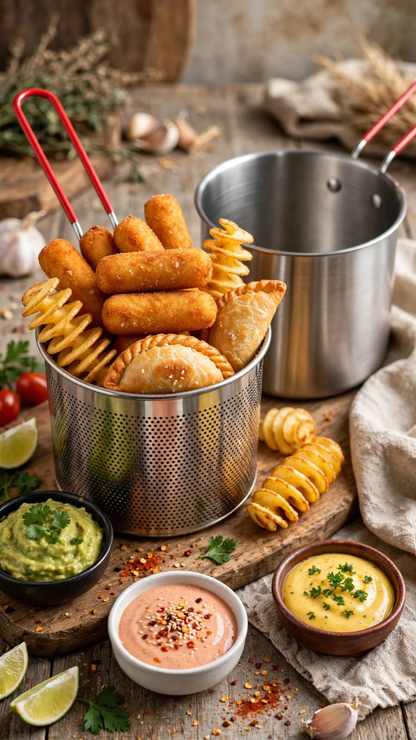 Ollita freidora con escurridor llena de papas fritas, empanadas y tequeños